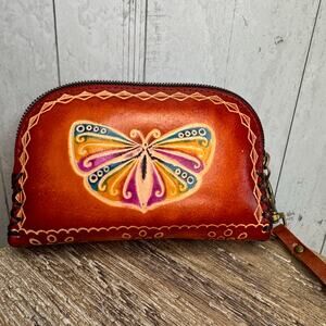 Genuine Leather Brown Butterfly Wristlet Wallet Leather Hand Painted Purse NEW